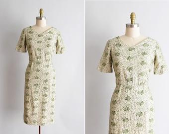 1950s Garden Of Eden dress/ vintage 50s novelty dress / linen embroidered daydress