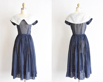 1950s Jerry's Girl dress/ vintage 1950s polka dot dress/ navy cotton full skirt dress