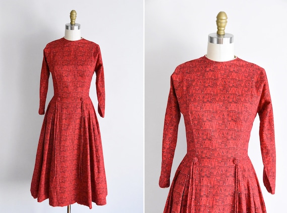 1950s Little Red City dress/ vintage 50s novelty d
