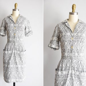 1950s  Grey Sky Blooms dress/ vintage 50s cotton daydress/Sir James embroidered dress