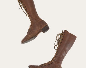 Antique 1910s-Early 1920s Tall Brown Leather Lace-Up Boots • US 7