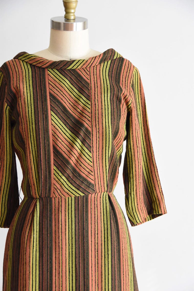 1950s Citrus Garden dress/ vintage 50s wool dress / wool stripe daydress image 2