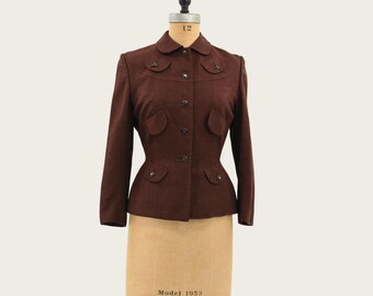 Vintage-Blazer aus brauner Wolle aus den 1950er Jahren • Dekorative Pattentaschen • Größe S