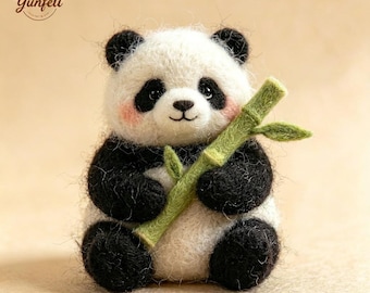 Figura de panda de bambú de peluche – Decoración de escritorio de fieltro de lana 100% natural
