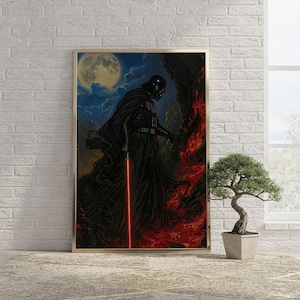 Op de afbeelding: Een ingelijste rechthoekige wandkunstprint met een donker figuur in een zwart pak en helm die een gloeiend rood lichtzwaard vasthoudt. De scène toont een vulkanisch landschap met stromende oranje lava, donker rotsachtig terrein en een volle maan.