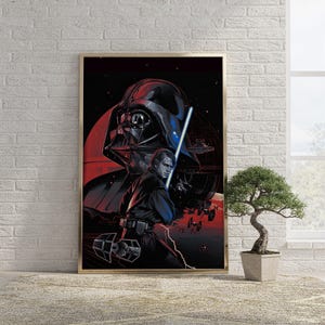 Op de afbeelding: Een rechthoekige wandkunstprint met een grote, donkere figuur met helm op de achtergrond en een jonger persoon in een zwarte tuniek die een gloeiend blauw lichtzwaard vasthoudt, tegen een rode en zwarte ruimteachtergrond met ruimteschepen.