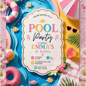 Könnte beinhalten: Eine Poolparty-Einladung für Emmas 4. Geburtstag mit einem blauen Pool, tropischen Fischen, einem rosa Donut-Schwimmring, einem Strandball, einem gestreiften Sonnenschirm und einem Getränk. Der Text nennt Donnerstag, 10. Juni, 17 Uhr, 123 Bridge Side Lane, RSVP an Leo 555-778 1132.
