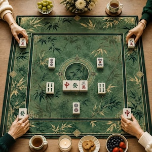 May include: A square green mahjong mat featuring a dark green bamboo leaf pattern and gold geometric borders. The mat is laid out with white mahjong tiles displaying red, green, and black Chinese characters and symbols arranged in a central game layout.