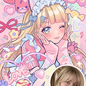 May include: A digital illustration of an anime-style character with blonde hair and cat ears, wearing a pink outfit with ruffles, surrounded by hearts, stars, and sweets. A circular inset shows a photograph of a blonde person with bangs.