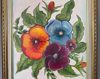 Original Oil Painting " Garden Painsies”Floral Wall Art Framed Canvas Home Decor