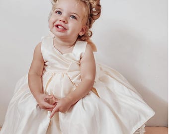 Bow Princess, Flower Girl, Champagne, Formal Dress with Floral Headband