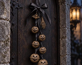 Pumpkin Witch Bells Door Hanging with Bat, Skeleton Hand and Black Bow