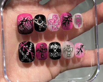 Uñas postizas hechas a mano inspiradas en TXT / Arte de uñas Kpop estilo Yeonjun / Uñas postizas góticas punk personalizadas para fans / Regalo para MOA