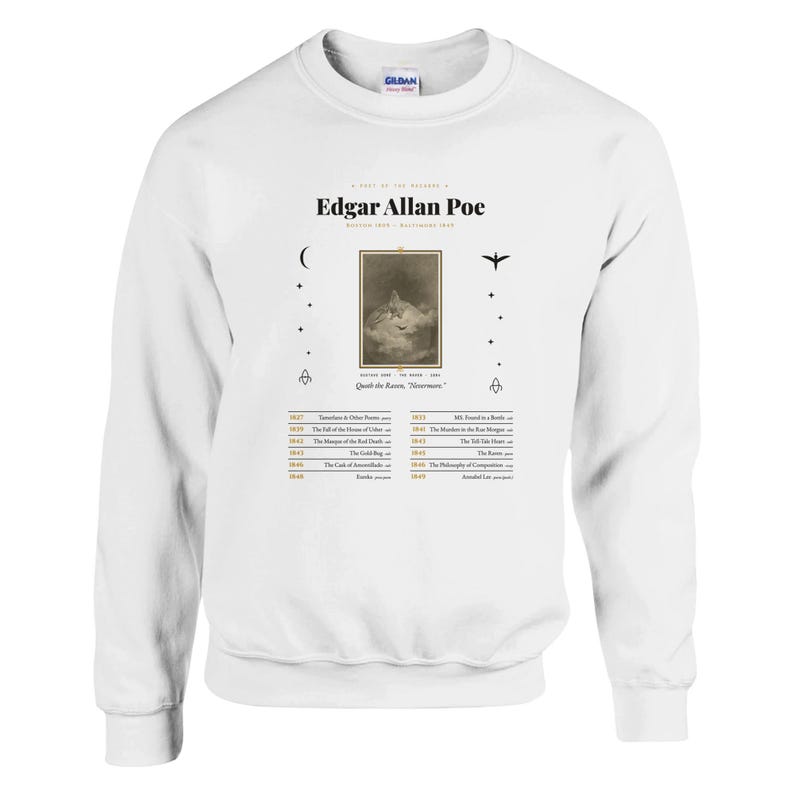 Edgar Allan Poe Shirt - Complete Bibliography with Gustave Doré Raven - Gothic Dark Academia Unisex Tee Hoodie image 2