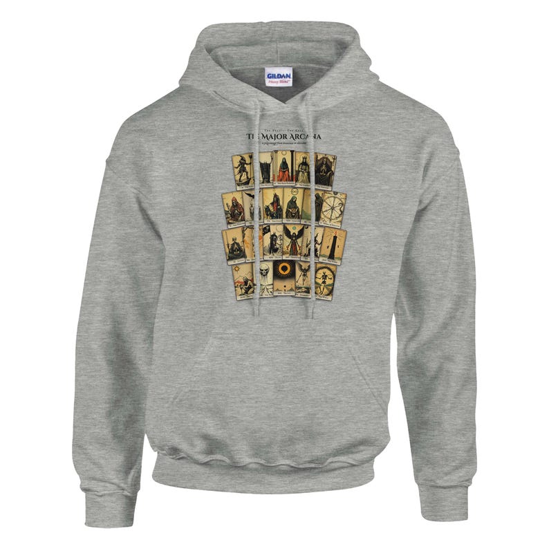 May include: A heather gray hooded sweatshirt featuring a graphic print of twenty-two tarot cards arranged in a grid. The text "THE MAJOR ARCANA" is printed in black above the cards. The hoodie includes a drawstring hood and a front kangaroo pocket.