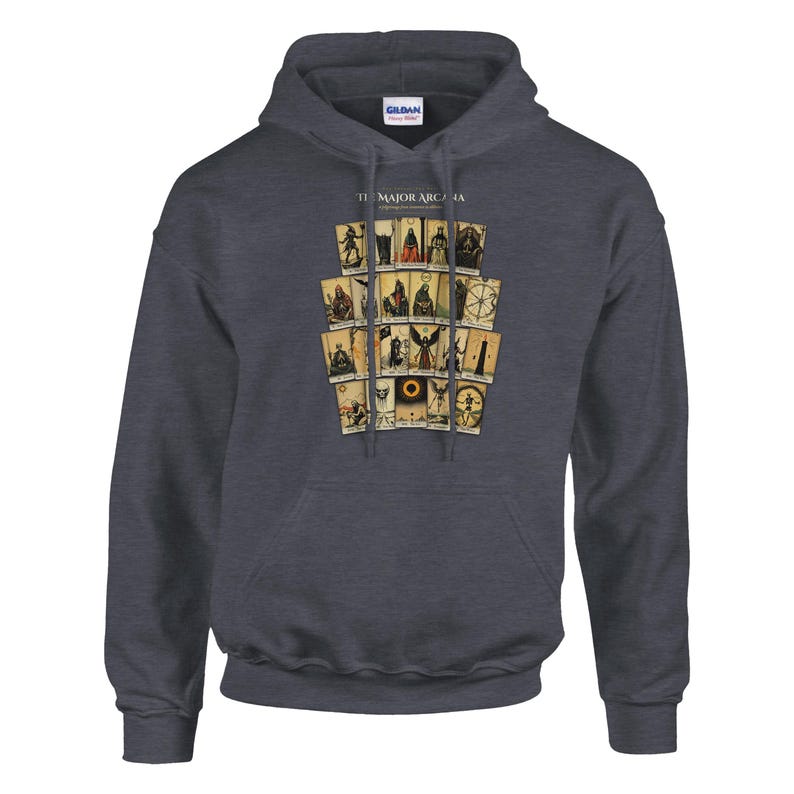 May include: A dark charcoal gray hooded sweatshirt featuring a graphic print of The Major Arcana tarot cards arranged in a grid. The design includes various illustrated figures and symbols on aged-looking cards with the text The Major Arcana.