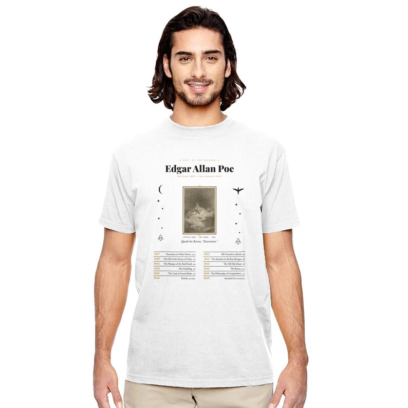 Edgar Allan Poe Shirt - Complete Bibliography with Gustave Doré Raven - Gothic Dark Academia Unisex Tee Hoodie image 1