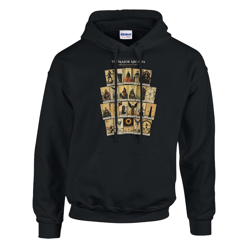 May include: A black hooded sweatshirt featuring a graphic print of twenty-two tarot cards arranged in a grid. The text "THE MAJOR ARCANA" is printed in white above the cards. The hoodie includes a drawstring hood and a front kangaroo pocket.