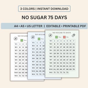 May include: A digital tracker titled NO SUGAR 75 DAYS featuring three color variations of a printable grid. The layout includes rows labeled W1 through W11, numbered days 1 through 75, and icons for tracking progress. Text includes 3 COLORS | INSTANT DOWNLOAD and A4 | A5 | US LETTER | EDITABLE | PRINTABLE PDF.