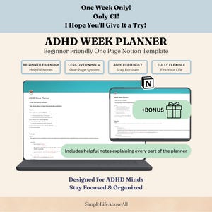 Plantilla de Notion para TDAH: planificador semanal para principiantes, planificador semanal minimalista para adultos, panel de control diario digital, lista de tareas pendientes.