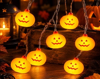 Pumpkin String Lights, Jack O Lantern LED, Battery Operated Halloween Decor