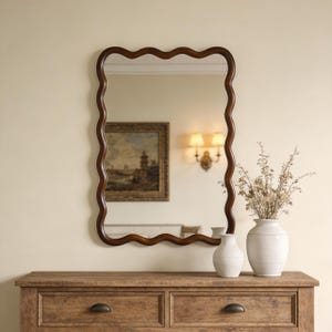 Dark Walnut Finish Wavy Solid Wood Mirror – 24x36 Entryway Bathroom Wall Decor