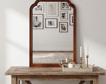 Solid Pine Cat Ear Arch Mirror, 20x30 Inch Dark Walnut Stain Wood Wall Decor