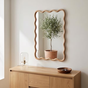 20x30in Light Natural Wood Wavy Framed Bathroom Wall Mirror for Entryway Bedroom Living Room