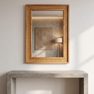 May include: A rectangular wall mirror featuring a light brown wooden frame with a woven cane inlay border. The mirror reflects a room interior containing a textured square wall art piece and a floor lamp with a tall, thin black metal base.