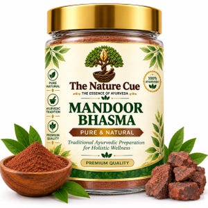 May include: A clear glass jar with a gold lid containing Mandoor Bhasma powder. The label features the text The Nature Cue, Mandoor Bhasma, Pure & Natural, and Premium Quality. A wooden bowl of reddish-brown powder and raw mineral chunks sit nearby.