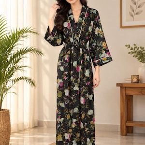 Black Floral Cotton Kimono Robe, Botanical Print Dressing Gown, Boho Kimono, Handmade Cotton Robe, Long Sleeve Lounge Wear, Women’s Robe