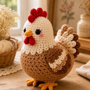 May include: A crochet chicken figurine featuring a cream-colored head, a brown body, and a bright red comb and wattle. The chicken has black button eyes, pink stitched cheeks, a yellow beak, and layered brown and cream wings and tail feathers.
