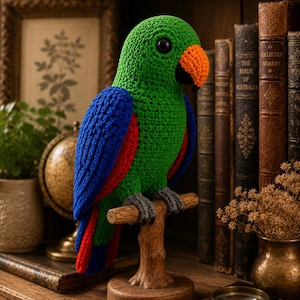 May include: A crocheted parrot figurine featuring a bright green head and body, vibrant blue and red wings, and a textured orange beak. The bird has black plastic eyes and grey crocheted feet, perched on a brown wooden stand with a branch-like design.