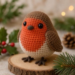 May include: A small, round, crocheted robin bird figurine featuring a brown head and wings, a bright orange chest, and a cream-coloured belly. The bird has two small black plastic eyes and a dark brown beak, standing on two dark brown yarn feet.