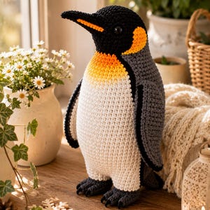 Op de afbeelding: Een gehaakte pinguïnknuffel met een zwarte kop en rug, een witte buik en levendige oranje accenten rond de nek en snavel. Het speelgoed heeft donkere, glanzende ogen en getextureerde, donkergrijze vinnen en voeten, gemaakt met zichtbare steken.