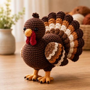 Peut inclure: Une figurine de dinde au crochet avec un corps marron foncé, un bec jaune et une caroncule rouge vif. Les plumes de la queue sont disposées en éventail avec des bandes alternées de fil marron foncé, marron clair et crème. Yeux noirs.
