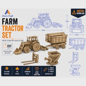 Op de afbeelding: Een digitale downloadset met lasersnijplannen voor een landbouwtrekker, aanhanger en hulpstukken. De set bevat DXF-bestanden voor 452 onderdelen van 3mm MDF. De afgewerkte tractor is 380mm lang, 155mm breed en 155mm hoog.