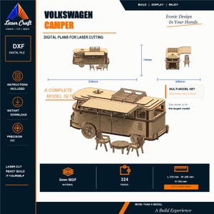 Laser Cut VW Camper Van, Wooden Model Kit, DIY 3D Puzzle, Camping Van with Table & Chairs