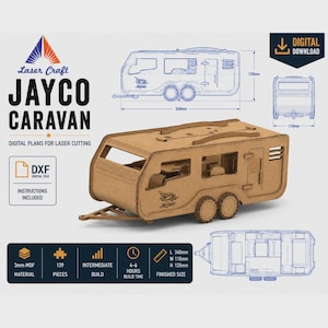 May include: A laser-cut wooden model of a Jayco caravan with a tan finish. The digital plan includes technical diagrams with dimensions of 340mm length, 110mm width, and 120mm height. The set consists of 139 pieces made from 3mm MDF material.