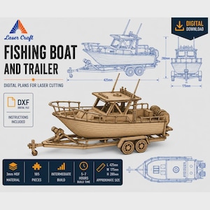 May include: Digital plans for a laser-cut fishing boat and trailer. The model is made of 185 pieces of 3mm MDF, measuring 425mm in length, 175mm in width, and 280mm in height. Includes DXF files and instructions for an intermediate build.