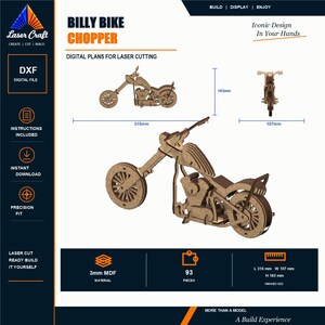 Może przedstawiać: Cyfrowe plany wycinania laserowego modelu motocykla Billy Bike Chopper. Gotowy drewniany model ma 315 mm długości, 107 mm szerokości i 163 mm wysokości. Projekt składa się z 93 elementów wykonanych z materiału MDF o grubości 3 mm.