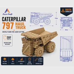 Könnte beinhalten: Ein 3D-Modell eines Caterpillar 797 Muldenkippers aus 3mm MDF, bestehend aus 409 Teilen. Die digitalen Pläne enthalten Anleitungen für den Laserschnitt. Das fertige Modell misst 300mm in der Länge, 190mm in der Breite und 170mm in der Höhe.