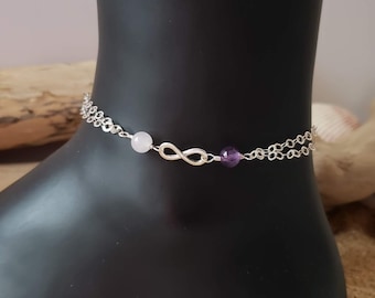 Eternal Friendship, Infinity, Birthstone Anklet-Ankle Bracelet-Personalized-Two Birthstones, Infinity Pendant, Two strands-Vegan Friendly