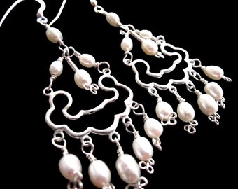 Long Celtic Pearl Chandelier Earrings, “OOAK”, Pearl Chandelier Earrings, Sterling Silver-Freshwater Cultured Pearls, Celtic Wedding, Bridal