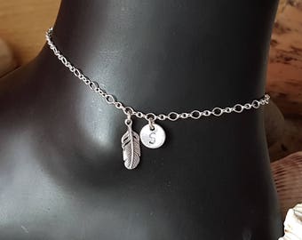 Delux Personalized Feather Anklet, Feather Ankle Bracelet, Sterling Silver Feather Initial Anklet, Feather Anklet Bracelet