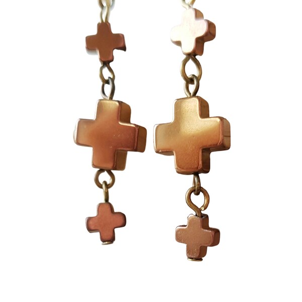 Bronze Hematite Cross Trinity Earrings, Bronze Hematite, Positive, Cross Earrings, Cross, Holy Trinity, Long Earrings, Vintage Style