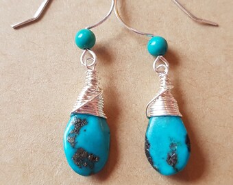 Turquoise Passion Wire Wrapped Earrings, One of a Kind, Sterlign Silver, Long Boho Dangle, Blue Gemstone, Turquoise Jewelry