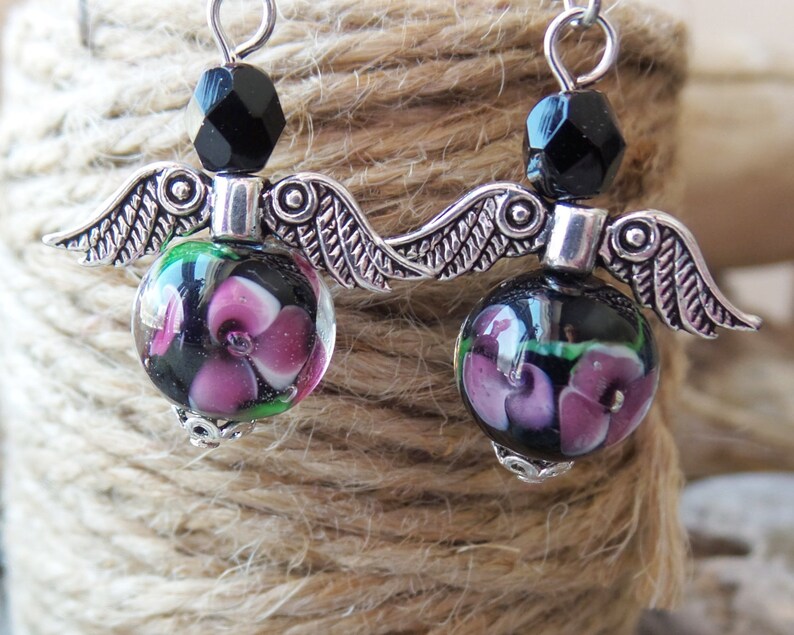 Black Angel Earrings, Black Floral Angle Earrings, Angel Earrings, Floral Angel Earrings, Flower Angel, Angel, Silver Angel, Handmade image 4