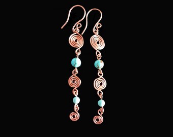 Celtic Copper Turquoise Eternity Coil Earrings, Long Turquoise Earrings, Celtic Jewelry, Copper Earrings, Coil Earrings, Celtic, Copper