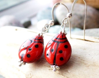 Delightful Ladybug Earrings, Sterling Silver, Red Lady Bug, Ladybug Earrings, Lady bug Earrings,  Red Earrings, Inspirational, Handmade